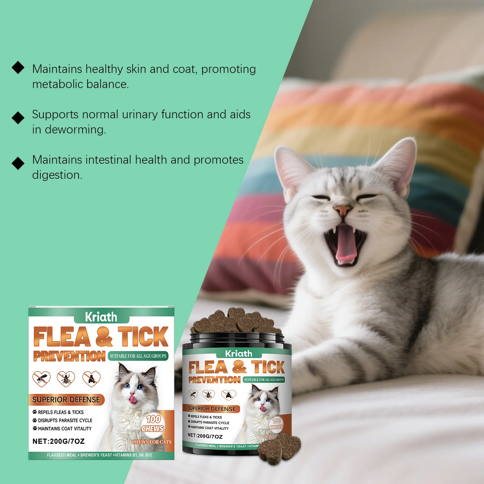 Flea & Tick Prevention Cat Chews - Skin & Coat Care Supplement (200g) 12 flea tick prevention cat chews spu978999623238 desc 12