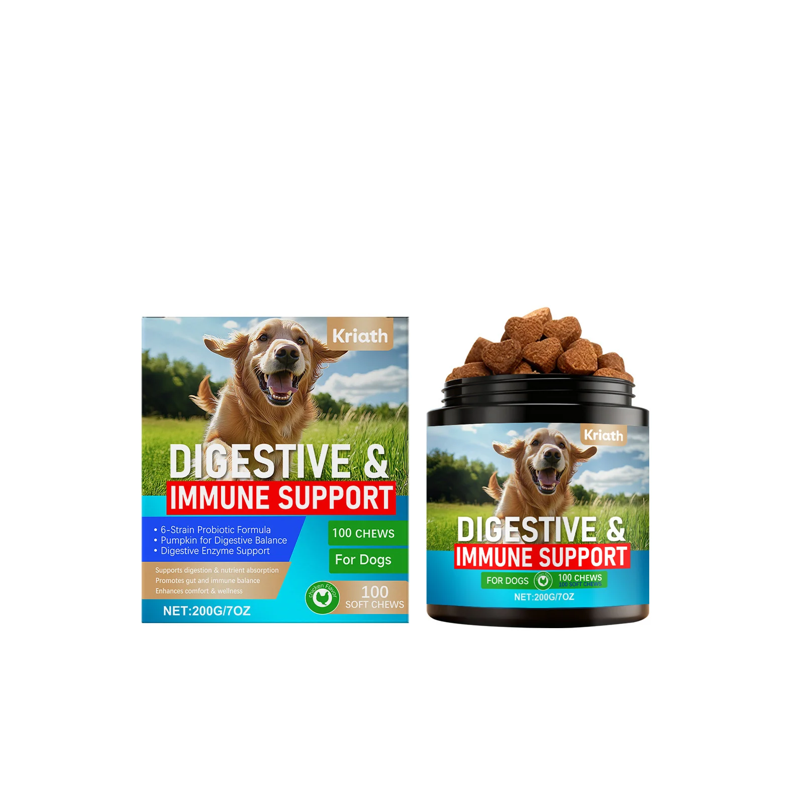 Kriath 6-Strain Probiotic & Digestive Enzyme Soft Chews for Dogs, 1 Kriath Probiotic Soft Chews for Dogs package and chews